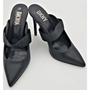 DKNY Black Dorian Womens 6M Pointed Toe Pumps Women's Size Logo Rhinestone Strap